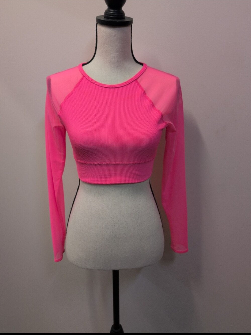 Beach Riot Neon Pink Sheer-Sleeve Ribbed Crop Top